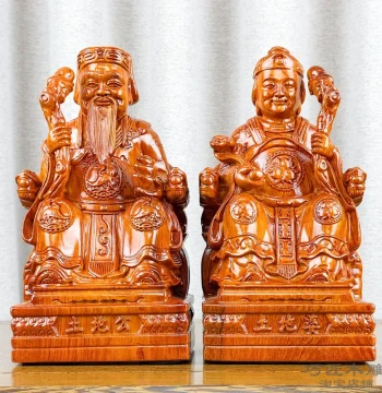 Rosewood Carved Earth God and Earth Goddess Pair Ornament Fude Zheng Shen Statue Home Worship God of Wealth Earth Grandpa