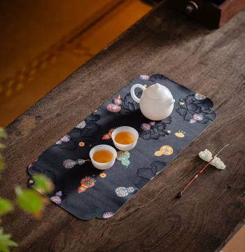 [Waterproof Design] Chinese Style Retro Zen Double-Sided Waterproof Tea Table Mat, Dry Brewing Pad with Auspicious Fortune Pattern