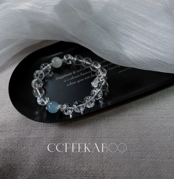 'ccpeekaboo' Natural Transparent Azeztulite, Rainbow Crystal, Aquamarine, Moonstone 925 Silver Bracelet