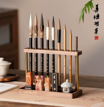 Shanlian Hubi Yunhe Biquan Brush Holder Insertion Brush Rack Multifunctional Brush Storage Rack Display Rack Walnut Solid Wood Pen Rack Premium Feel Four Treasures of the Study Brush Rest Organizer Display Calligraphy Ornament