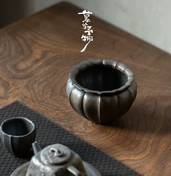 Muxi Gilded Iron Glaze Hammered Pattern Ceramic Jian Water Dry Brewing Station, Retro Wastewater Container, Tea Water Rinse Bowl, Tea Residue Bucket, Wastewater Bucket