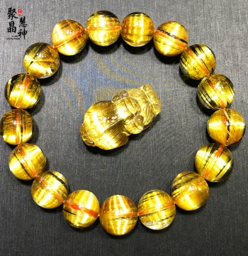 Collector-Grade Natural Cat's Eye Rutilated Quartz Bracelet, Plate Titanium Gold Hair Crystal Smooth Cat's Eye Stone Multi-Loop Pixiu Bracelet for Men and Women