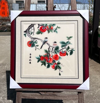 Persimmon, Flowers, and Birds Embroidery Hanging Art - 'Everything Goes as Wished' Intangible Cultural Heritage Handmade Su Embroidery for Living Room, Dining Room, Entryway, and Study