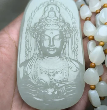 Natural Green-White Hetian Jade Guanyin Pendant, Bodhisattva Jade Plaque, Large-Face Guanyin Tara Style