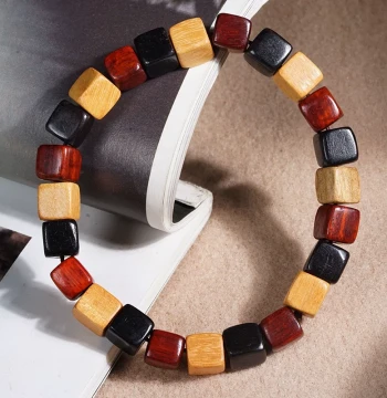 Multi-Gem Sugar Cube Beads, Square Beads Single Loop Collector Bracelet for Men and Women, Sandalwood Ebony Prayer Beads Wooden String