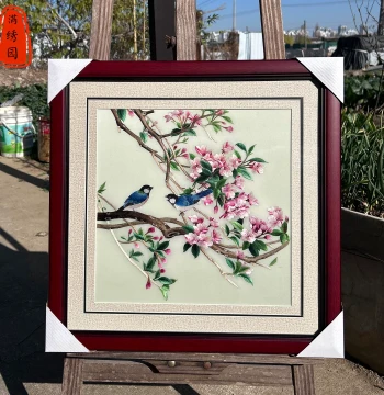Intangible Cultural Heritage Pure Handmade Exquisite Su Embroidery Begonia Flower and Bird Hanging Painting, Silk Embroidery Art for Study, Bedroom, Bedside, and Entryway Decoration