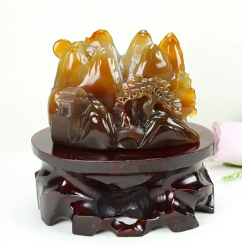 Unique Piece Landscape Ornament with Small Bridge, Flowing Water, and Houses, Clever Carving on Natural Agate Chalcedony Small Ornament Collectible