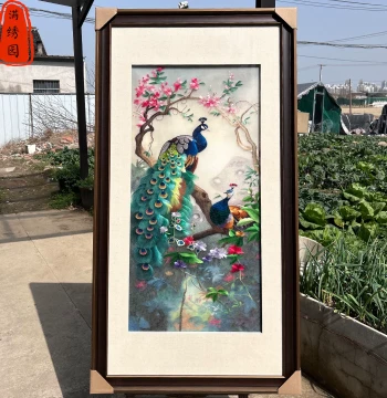 Peony and Peacock Four-Strand Silk Intangible Cultural Heritage Pure Handmade Exquisite Embroidery Living Room Entryway Study Gift Decorative Su Embroidery Hanging Painting