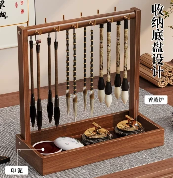 Solid Wood Calligraphy Brush Storage Rack, Desktop Hanging Holder, Tabletop Pen Stand, Student Multi-functional Four Treasures of the Study Display Rack