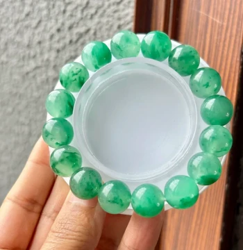 Premium Natural Dulong Jade African Emerald Ice Floating Flower Round Bead Bracelet for Women, Jadeite Alternative with Floating Flower Jadeite Color