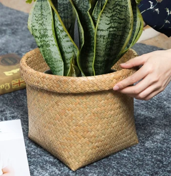 Vietnam Imported Handwoven Storage Basket Storage Bin Seagrass Storage Box Rattan Woven Towel Sundries Box Grass Woven Flower Vase