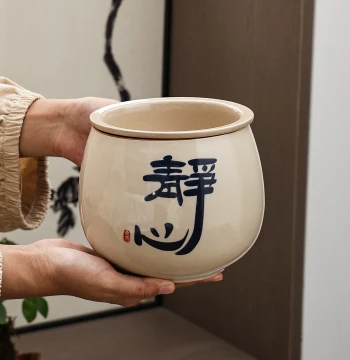 Ceramic Tea Waste Water Bin with Filter, Desktop Dry-Wet Separation Trash Can and Ashtray, Jian Shui Bowl for Tea Stations
