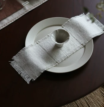 WOOKEN White Ink Wuxiang Sulv Tea Mat, Heavyweight Pure Linen Handmade Hollow Fringed Coaster, Long Narrow Zen Style
