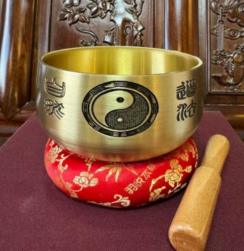 Taoist Supplies Feng Shui Golden Bowl, Gold-Plated Striking Copper Chime, Heart Sutra Buddhist Chime, Copper Ritual Chime, Tai Chi Bagua Taoist Natural Chime