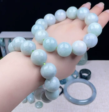 Burmese Grade A Pale Green Jadeite Large Bead Bracelet 16mm: Natural Old Pit Round Beads for Hand Play, Wealth Attraction, and Luck