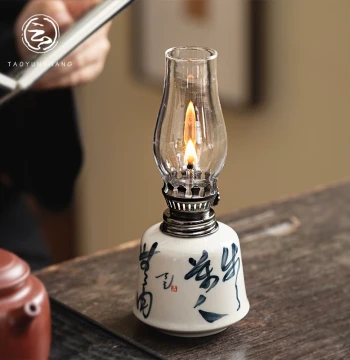 Retro Ceramic Ghee Lamp with Handwritten Poetry: Kerosene Lamp Windproof Chinese Style Study Tea Room Night Light Ornamental Lamp