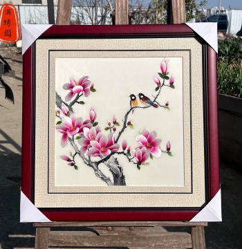 Intangible Cultural Heritage Pure Handmade Exquisite Magnolia Flower and Bird Embroidery Hanging Painting Living Room Entryway Study Bedroom Bedside Decoration Su Embroidery Art