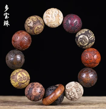 Multi-Gem Bead Bracelet with Carved Twelve Zodiac Running Ring, Red Sandalwood and Rosewood Handheld Prayer Beads for Men and Women