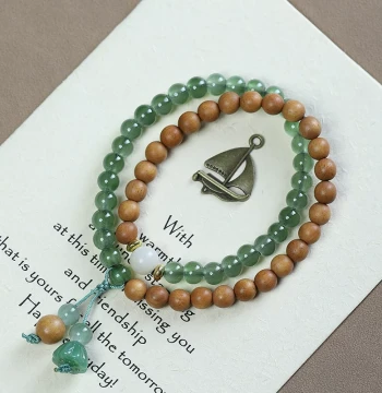 Sandalwood and Milky Scented Wood Inlaid with Aventurine Jade Double-Loop Bracelet, Vintage Couple Handchain with Carved Tara Pendant, Cultural Play Prayer Beads
