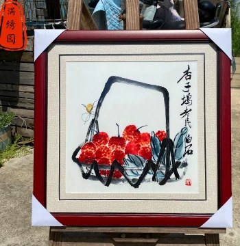 Intangible Cultural Heritage Pure Handmade Suzhou Embroidery Apricot Mural on Silk, Ideal Gift for Overseas Travel, Decorative Hanging Painting for Living Room, Dining Room, and Entryway