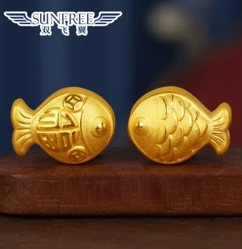 3D Hard Gold Koi Money Fortune Character Small Fish Bead Transfer Bead Pure Gold 999 Bracelet Chain Braided Cord Gold Spacer Bead for Women