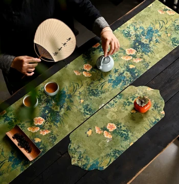 High-End Waterproof Long Tea Mat Table Runner Pad, Waterproof Zen New Chinese Style Dry Brewing Table Flag, Home Luxury Table Mat Cloth