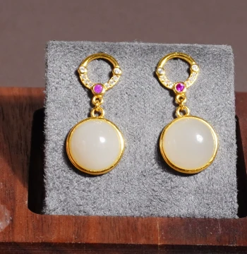 Fangyan Hetian Jade Qinghai Material Light Smoky Purple Cabochon S925 Silver Inlaid Jade - Niche Light Luxury Elegant Earrings, Face-Slimming Design A6