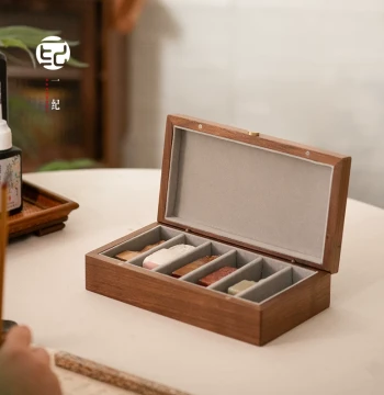 Black Walnut Wood Storage Box for Calligraphy Seals - Custom Multi-Compartment Solid Wood Case for Jade Seal Materials
