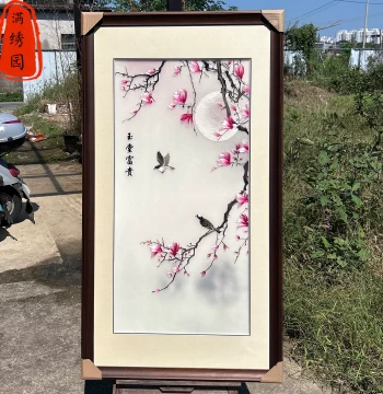 Chinese Style Intangible Cultural Heritage Pure Handmade Four-Strand Silk Magnolia Flower and Bird Hanging Painting, Decorative Art for Entryway, Corridor, Living Room, and Study