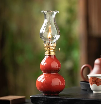 Chinese Style Fortune Gourd Ceramic Butter Lamp Ornament Zen Tea Room Courtyard Atmosphere Light Long-lasting Night Light