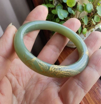 Free Certificate Xinjiang Hetian Jade Qiemo Blue Tone Sugar Jade Carved Gold-Outlined Phoenix Bangle Jade Bracelet 52mm+ Goddess