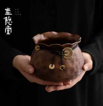 Guiyintang Handmade Pure Brass Jianzhui Chinese Style Wealth-Attracting Premium Household Tea Waste Water Bowl, Dregs Bucket, Tea Residue Container, Flower Pot Ornament
