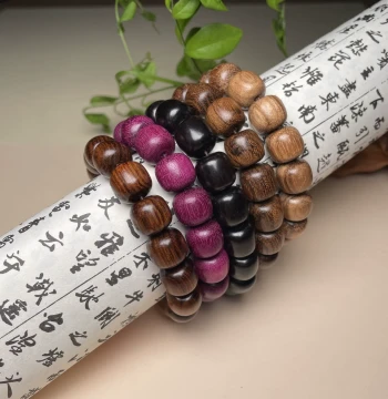 Muyu Heshan Old-Style Beads Made of Ebony, Green Sandalwood, Tiger-Stripe Sandalwood, Large-Leaf Huanghuali, and Violet Wood Barrel Beads, Wooden Buddhist Prayer Beads and Hand Accessories