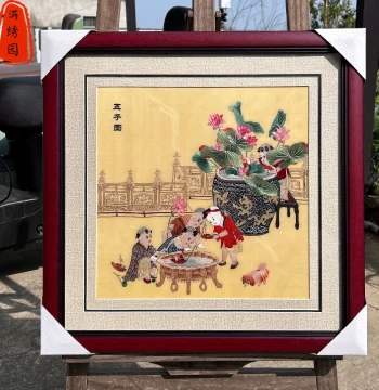 Intangible Cultural Heritage Pure Handmade Fine Embroidery Five Boys Figure Lotus Living Room Entryway Study Bedroom Bedside Decorative Su Embroidery Hanging Painting
