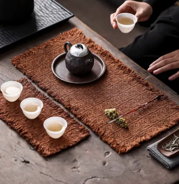 Persimmon-Dyed Plant-Dyed Cotton-Linen Tea Mat: Japanese-Style Handmade Tea Table Runner, Thick Rustic Dry-Brew Retro Wabi-Sabi Design