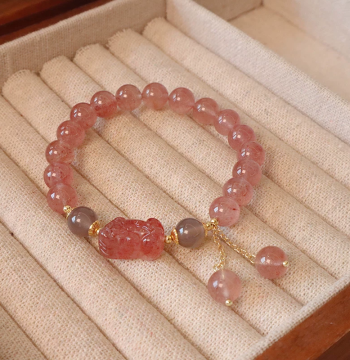 Meimuxi Strawberry Quartz Pixiu Bracelet for Women, Niche Design, Gray Moonstone Crystal Beaded Bracelet, Korean Style Trendy Student Gift
