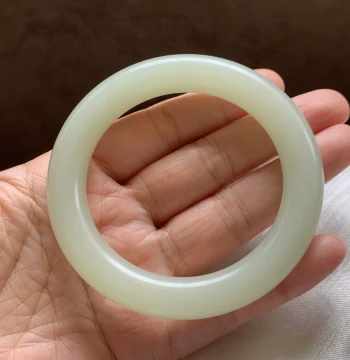 Hetian Jade Greenish-Water Fat Round Bar Bangle, Qinghai Yeniu Gou Old Material with Fine Base, Greenish-Water Thick Round Bar Jade Bangle Size 58