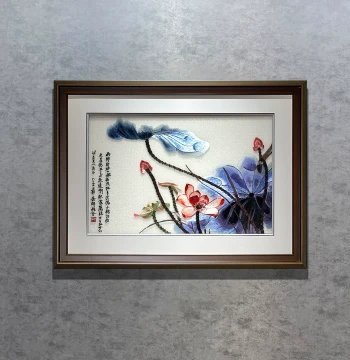 Decorative Painting: Su Embroidery Finished Product 'Ink Lotus' Traditional Chinese Painting, Hand-Embroidered New Chinese Style Art for Study, Bedroom, Hallway, or Entryway