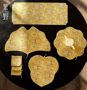 Fanye Chinese Style Floating Light Gold & Silver Ginkgo Leaf Tea Mat, Creative Brocade Embroidered Dry Brew Tea Table Pad Set