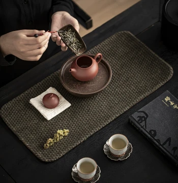 Chinese Style Tea Mat - Yellow Hemp Woven Texture Cotton-Linen Tea Ceremony Pad, Personal Small Tea Table Cloth