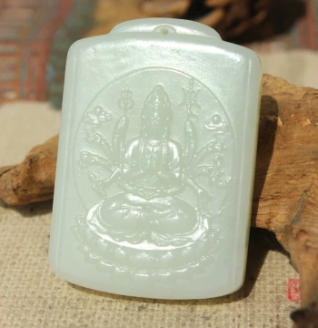 Wangshizhai Jewelry / Xinjiang Hetian White Jade Thousand-Hand Guanyin Lotus Hanging Plaque Pendant Oily Fine Carving H276