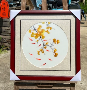 Intangible Cultural Heritage Hand-Embroidered Su Embroidery Ginkgo Leaf and Nine Fish Wall Art for Dining Room, Entryway, Study, Bedroom, and Bedside Decoration