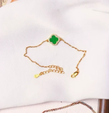 Natural Burmese Spicy Green Jadeite Four-Leaf Clover Bracelet for Women, Adjustable 925 Silver Gold-Plated Inlaid Jewelry
