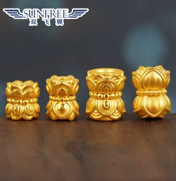 999 Pure Gold Lotus Transfer Bead, Matte Hard Gold Hand Strand Spacer Bead, Twin Lotus Long Barrel Bead Accessory for Men and Women