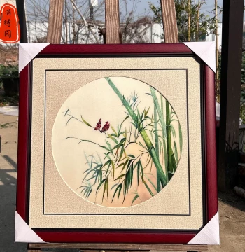 Pure Handmade Intangible Cultural Heritage Exquisite Su Embroidery Decorative Painting Flowers Birds Bamboo Reporting Peace Entryway Study Bedroom Bedside Hanging Picture