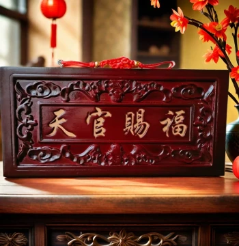 Large Natural Peach Wood 'Heavenly Official Bestows Blessings' Plaque; Large Carved Door Hanging Ornament for Facing Doors; Chinese Style Decor