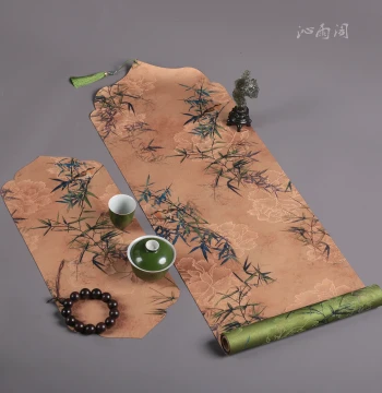 Song Dynasty Painting Bamboo Forest Double-Sided Waterproof Tea Mat, Chinese Style Zen Table Runner, Wash-Free Stain-Resistant Heat-Insulating Cup Holder Pad, Premium Host Mat