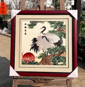 Handmade Su Embroidery 'Pine and Crane for Eternal Spring' Intangible Cultural Heritage Birthday Gift for Elders and Leaders Hanging Art