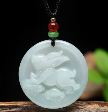 Round Zodiac Jadeite Twelve Chinese Zodiac Pendants Rabbit Sign Rabbit Men and Women Pendant Medium Rabbit Hanging Ornament Jade Rabbit Cabbage
