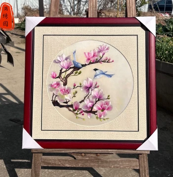 Handmade Exquisite Magnolia and Bird Embroidery Wall Art for Living Room, Entryway, Study, Bedroom Headboard - Su Embroidery